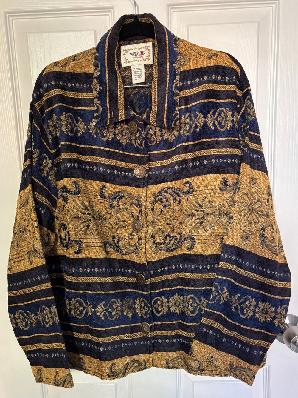 Vintage Tantrums Blue Embellished and Gold Persian Style Button Up with Postcard